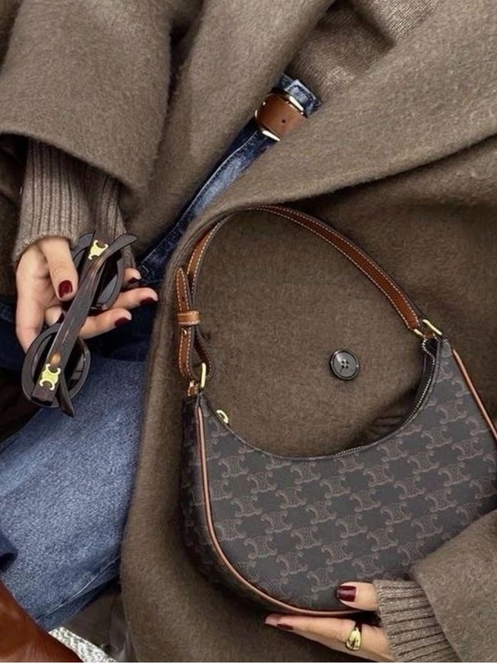Small Ava Half Moon Crescent Bag in Triomphe Canvas and Calfskin in Tan & Brown